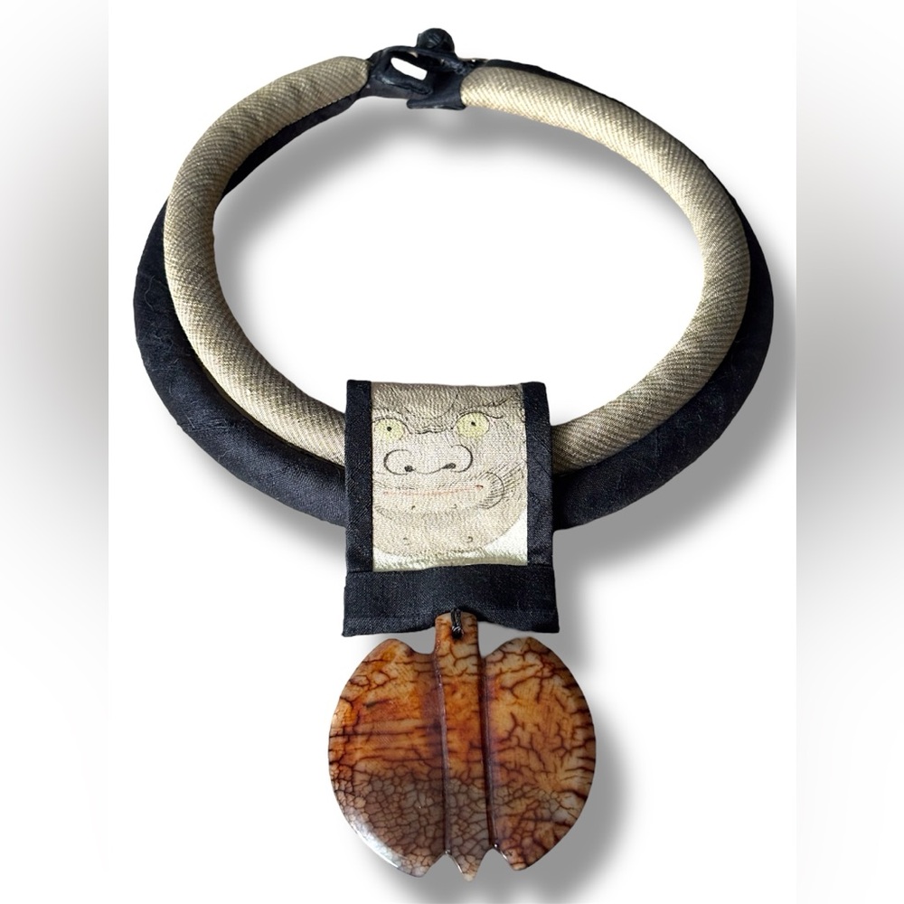 Artisan Fabric Collar Necklace with Tribal Mask & Carved Pendant